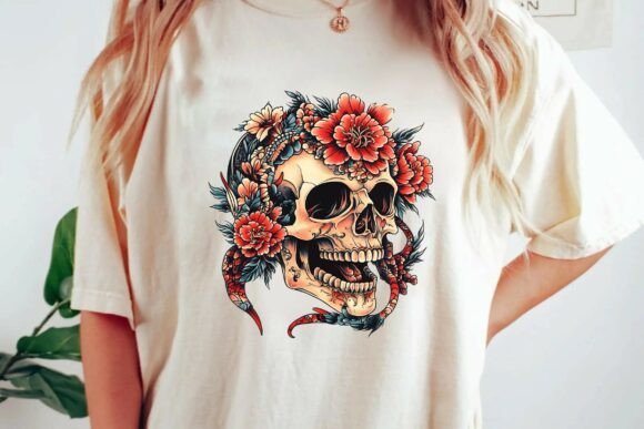 Download Vintage Floral Skull Tattoo Design with Snake Neo Traditional Illustration Png - Vintage Collection