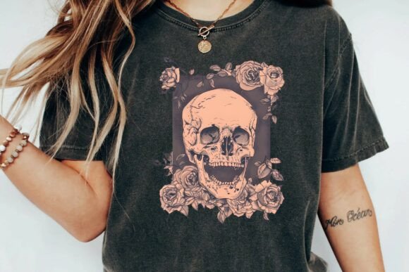 Download Vintage Gothic Skull with Roses Aesthetic Floral Tattoo Design Png - Vintage Collection